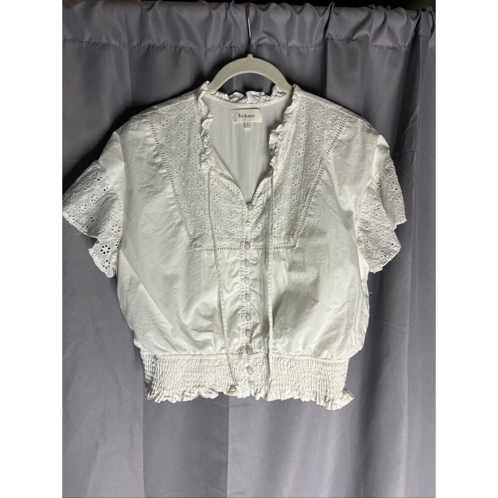 Bohme Cotton Crop Top Women’s L White Flower Button Up Cottage Feminine Dainty